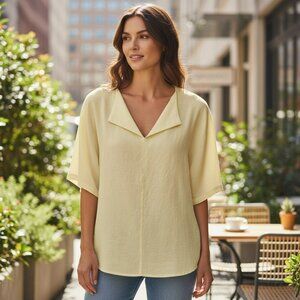 Dulayoo Womens Large Yellow Long Sleeve Loose Fit Cotton Shirt Top Size L